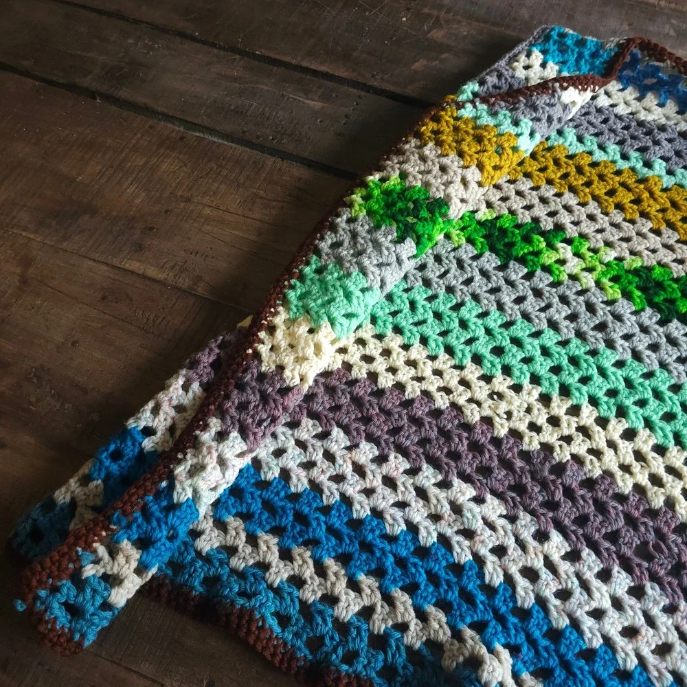 Handmade Crochet Granny Stitch Vest Multi Color Striped Boho Open Front 1970s 60